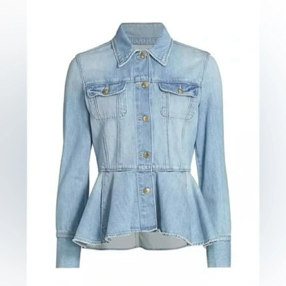 Frame Flounce Hem Denim Jacket Womens Size XS Peplum Light Wash Blue $480